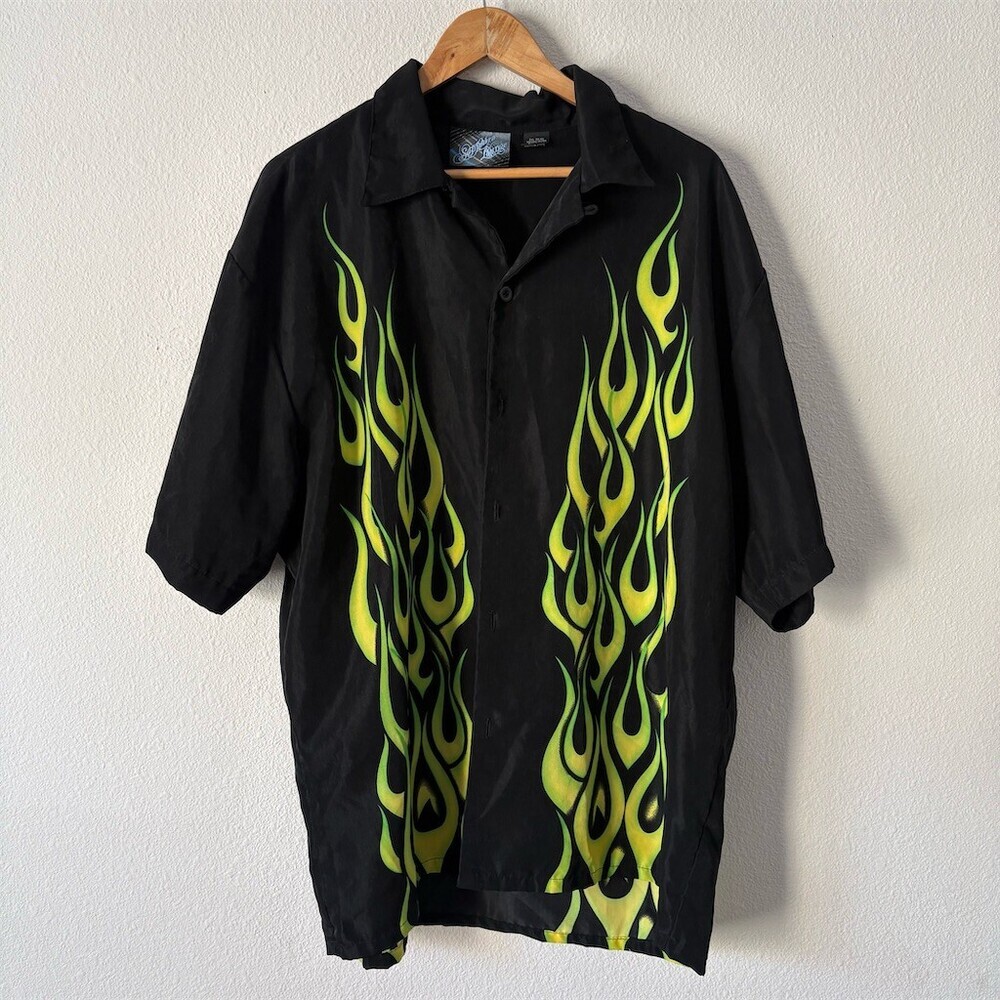 Sapphire Lounge Flame Shirt 2XL Black Neon Green Flame Graphic Y2K Resort
